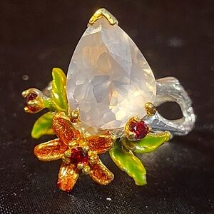 P58. 925 Sterling Silver Rose Quartz w Garnet & Enamel, Floral Branch Band sz 8